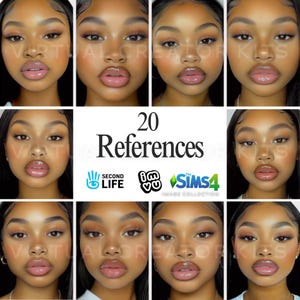 May include: A collage of 20 images featuring close-up photos of different women's faces with various lip colors and makeup styles. The images are arranged in a grid format. The text "20 References" is displayed in the center of the collage. The logos for Second Life, i'm Vu, and The Sims 4 are displayed below the text.