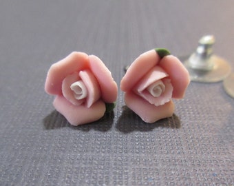Vintage 15mm Rose Pink Ceramic Flower Post Earrings Japan NBW 