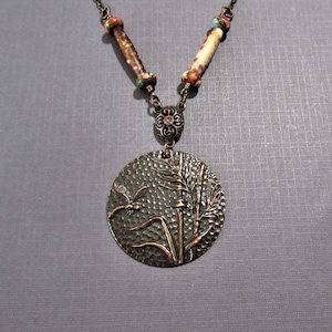 Boho dragonfly and bamboo medallion necklace