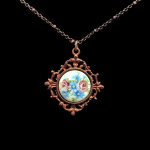 Victorian Style Flower Cameo Necklace Filigree Copper Gingerbread Finish Cast Pewter Nickel Free Hypoallergenic