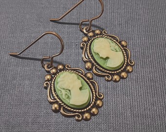 Vintage Style Green Cameo Earrings Feminine Victorian Jewelry Antiqued Brass
