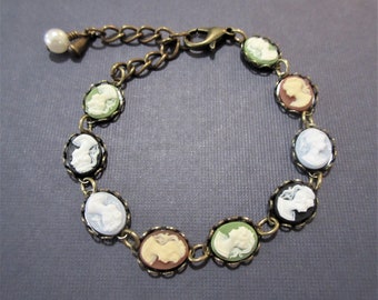 Dainty Cameo Bracelet Antique Brass Multicolor Mini Cameos Vintage Style Adjustable Length