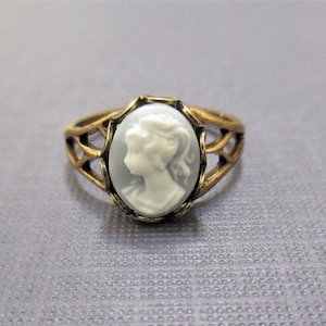 Dainty Blue Cameo Ring Adjustable Antiqued Brass Vintage Style