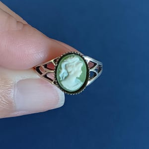 Dainty Green Cameo Ring Adjustable Vintage Style Silver Cut Out Setting
