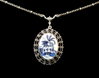 Blue Willow porcelain necklace antiqued silver setting blue and white