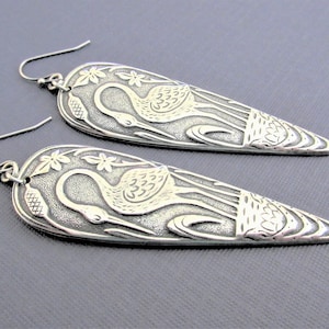 Large Silver Crane or Heron Earrings Long Teardrop Earrings Art Deco Woodland Nature Lover Bird Watcher Gift hypoallergenic nickel free 3&quot;