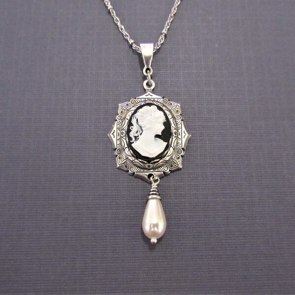 Cameo necklace black and white vintage Victorian jewelry hypoallergenic nickel free