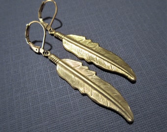 Shiny Golden Brass Feather Earrings