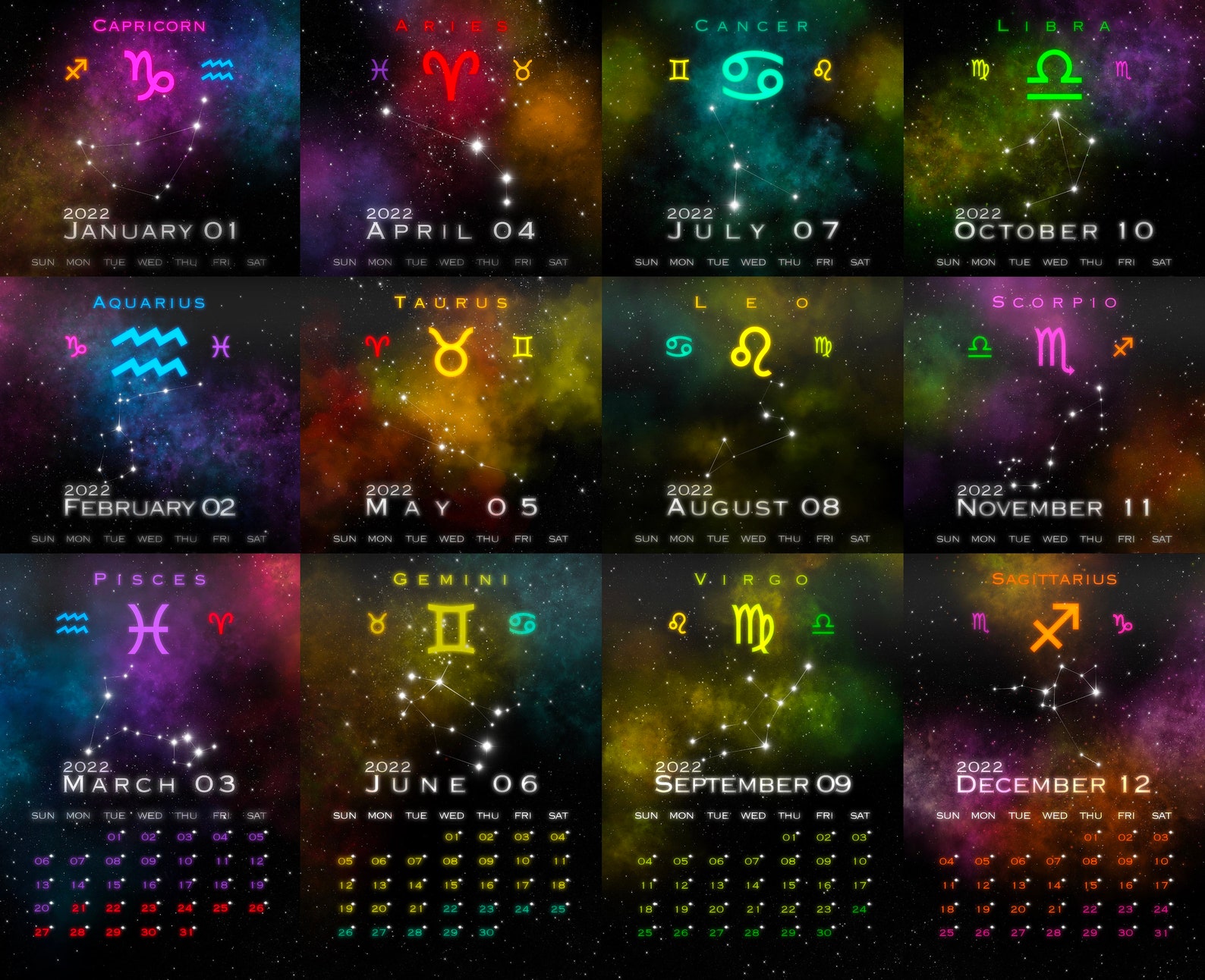 2022 Horoscope Wall Calendar / Ready to Print / Decorative Etsy