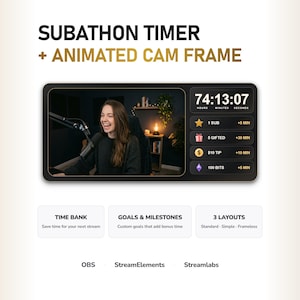 May include: A digital subathon timer and animated cam frame overlay featuring a countdown clock, goal milestones for subs, tips, and bits, with text labels for time bank, goals, milestones, and three layout options for OBS, StreamElements, and Streamlabs.