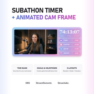 May include: A digital subathon timer and animated cam frame overlay featuring a gradient border. The interface displays a countdown clock, goal milestones for subs, gifts, tips, and bits, with text labels for Time Bank, Goals & Milestones, and 3 Layouts.