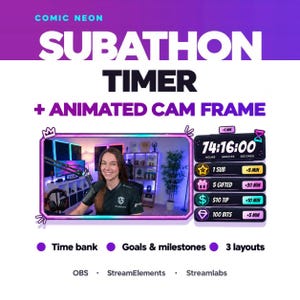 May include: A digital subathon timer and animated cam frame overlay featuring neon purple and pink accents. The display includes a countdown clock, goal milestones for subs, tips, and bits, plus text labels for OBS, StreamElements, and Streamlabs.