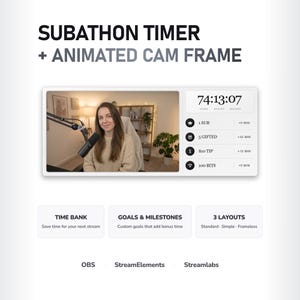 May include: A digital subathon timer and animated cam frame overlay featuring a countdown clock, goal tracker with icons for subs, gifts, tips, and bits, plus text labels for time bank, goals, milestones, and three layout options for OBS, StreamElements, and Streamlabs.