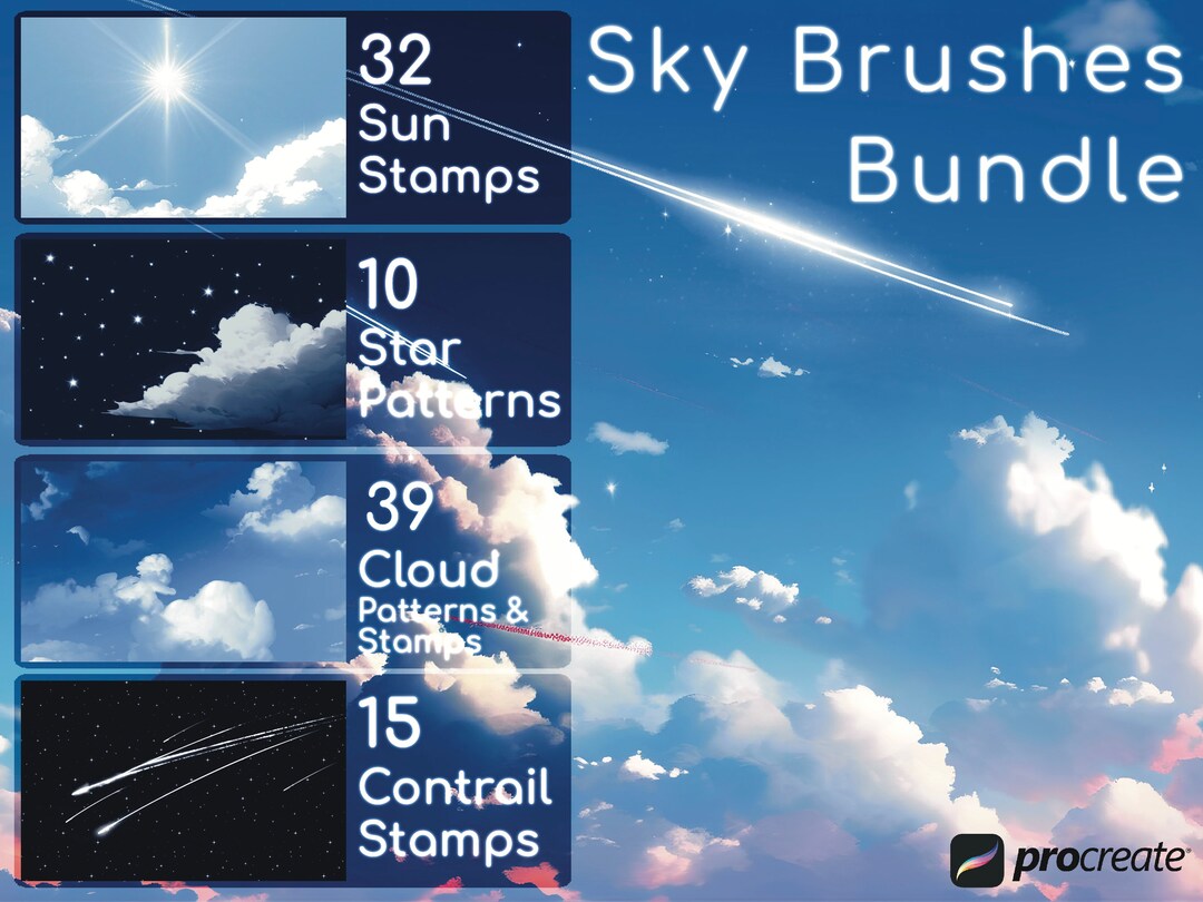 Dreamy Sky Procreate Brush Set: 96 Pieces of Anime-inspired Clouds, Sun ...