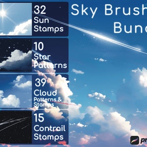 Dreamy Sky Procreate Brush Set: 96 Pieces of Anime-inspired Clouds, Sun, Stars, and Contrails