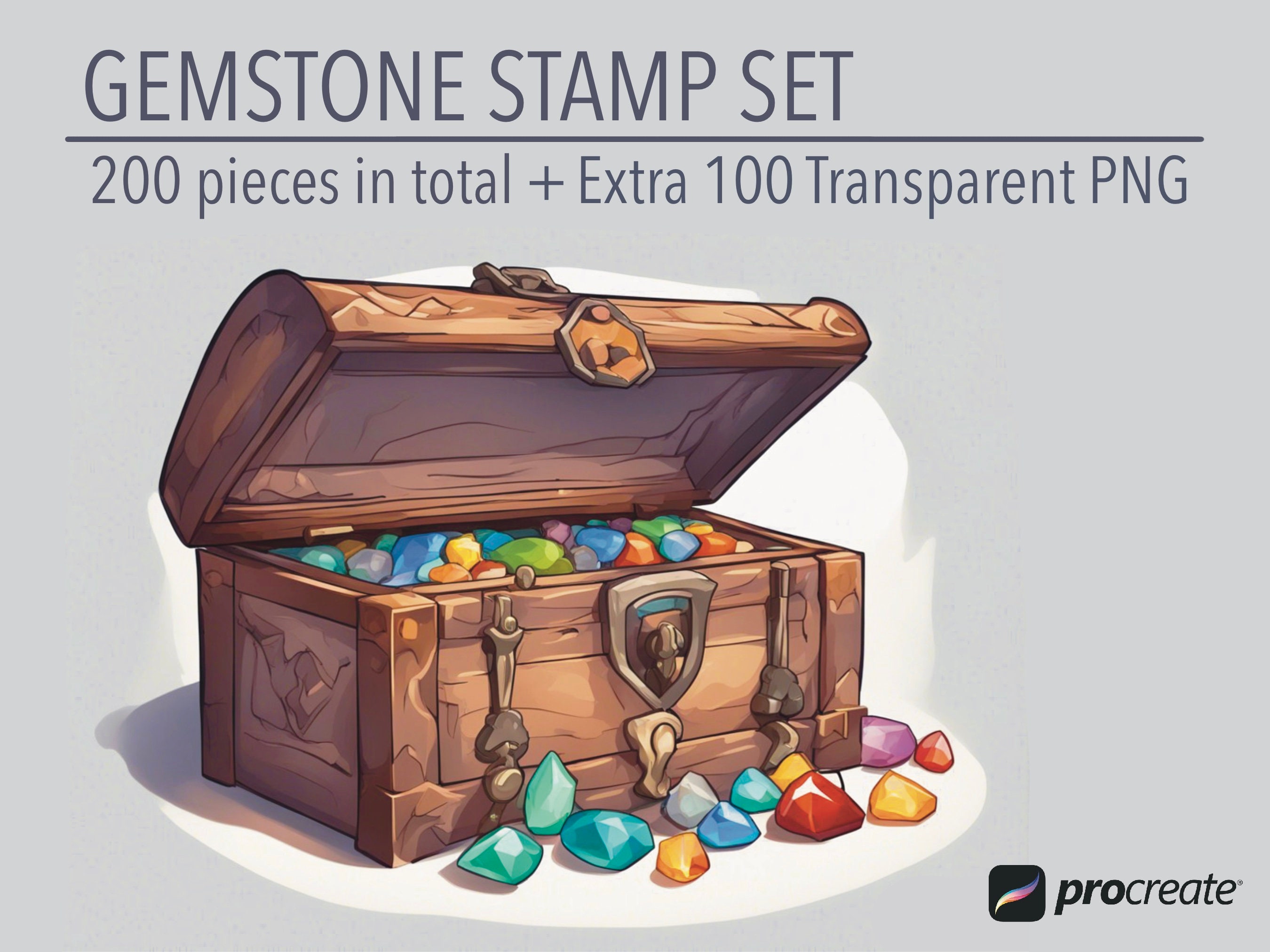 200 sellos de gemas para Procreate + set de 100 cliparts PNG de gemas para diseñadores de moda
