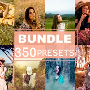Puede incluir: Un collage de imágenes con personas en diferentes entornos al aire libre. Las imágenes están editadas con diferentes filtros y efectos de color. El texto "BUNDLE 350 PRESETS" se muestra en el centro del collage.