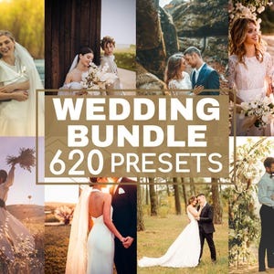 Puede incluir: Un collage de imágenes con parejas en su día de boda. Las imágenes están en varios escenarios, incluyendo un bosque, un campo y una iglesia. El texto "Wedding Bundle 620 Presets" se muestra en el centro del collage.