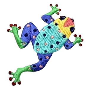 May include: A colorful embroidered frog patch with green, blue, yellow, pink, and red accents. The frog has black polka dots and a whimsical design.