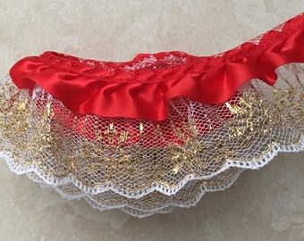 2 inch wide ruffled lace trim red/gold price per yard