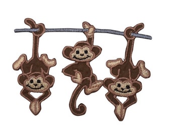 Iron on patch applique Three Monkeys Dark Brown  3" x 2-1/8"