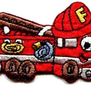 May include: Red and white embroidered iron-on patch of a cartoon fire truck with a smiling face, a ladder, and the letter 'F' on the fireman's hat.