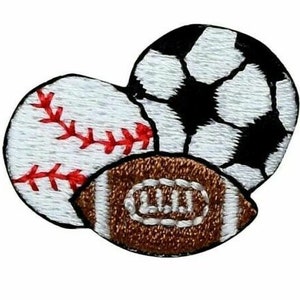 May include: An embroidered patch featuring a baseball, football, and soccer ball. The baseball is white with red stitching, the football is brown with white laces, and the soccer ball is black and white.