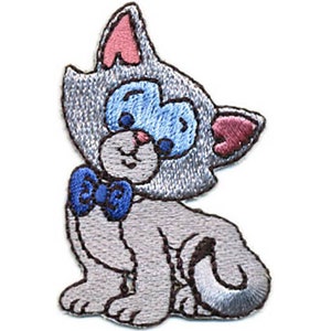 May include: A gray and blue embroidered iron-on patch of a cartoon cat wearing a blue bow tie.