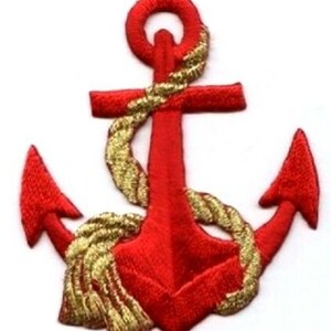 May include: Red embroidered anchor with a gold rope wrapped around it.