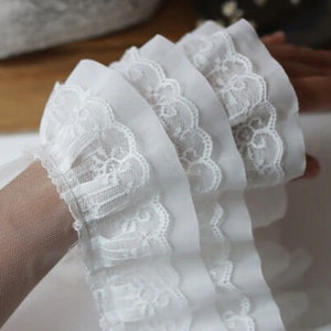 4 1/2" inch wide ruffled lace trim (3 layer) black or white color price per yard