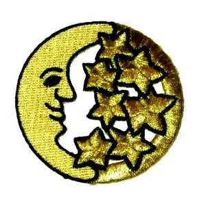 May include: Gold embroidered patch of a crescent moon with a face and five stars. The moon and stars are outlined in black.