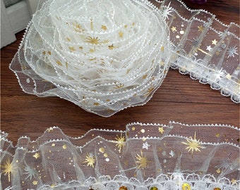 1 1/2 inch wide white/gold or white/silver star sequined ruffled organza Trim select length and color