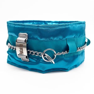 May include: A turquoise blue satin dog collar with a silver chain and a silver tag that says "PlushLush Pets".