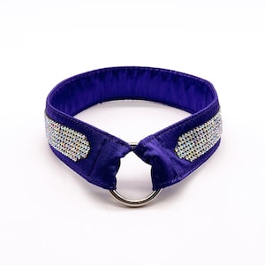 Könnte beinhalten: Ein violettes Samthalsband für Hunde mit einem silbernen Ring und einer Reihe von schimmernden Strasssteinen auf jeder Seite.