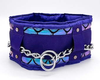 Silky Padded Dog Collar: Purple Mermaid Scale, Hair-Saver Poodle Collar