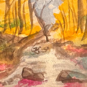 May include: Watercolor painting of a forest scene with a stream. The artwork features a palette of warm colors, including yellow, brown, and pink. Trees are depicted with vertical strokes, and the stream has a white and pink hue.