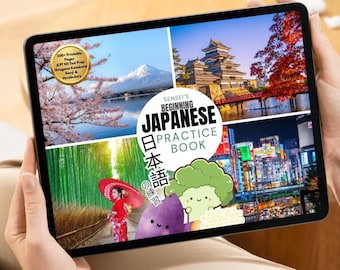 May include: A tablet displaying a Japanese language learning book. The book cover features images of Japanese landscapes and the text "Beginning Japanese Practice Book." Additional text includes "200+ Printable Pages" and "JLPT N3 Test Prep."