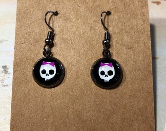 Adorable Punisher with Pink Bow Dangle Earrings