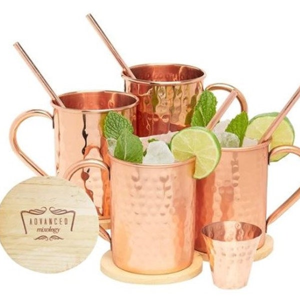 Pure Copper Classic Moscow Mule Mugs Set of 4 w/ 4 Straws, 4 Coasters, 1 Shot Glass | Wedding, Anniversary Gift Set