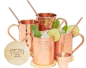Juego de 4 tazas clásicas de cobre puro para Moscow Mule con 4 pajitas, 4 posavasos y 1 vaso de chupito / Regalo ideal para bodas y aniversarios.