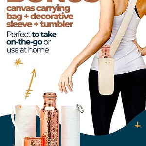 May include: A set of copper water bottles and cups with a hammered finish. The bottles come with a canvas carrying bag and a decorative sleeve. The text "BONUS" is displayed in large letters at the top of the image. The text "canvas carrying bag + decorative sleeve + tumbler" is displayed below the word "BONUS". The text "Perfect to take on-the-go or use at home" is displayed below the previous text. The text "Kitchen Science" is displayed at the bottom of the image.