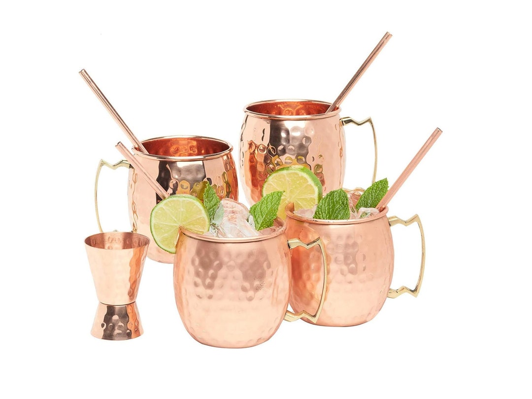 Pure Copper Moscow Mule Mugs Set of 4 16oz W/ 4 Straws & 1 Jigger