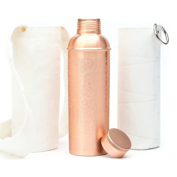 100% Pure Copper Designer Water Bottle (34 OZ/ 1000 ml) w/ Carrying Canvas Bag & Sleeve