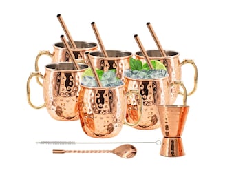Stainless Steel Lined Copper Moscow Mule Cups Set: Straws & Jigger