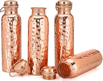 Glytterati Hammered Copper Water Bottle With Ring (34 oz/1000ml) (Set of 4) | Pure Copper Bottle  for Drinking Water