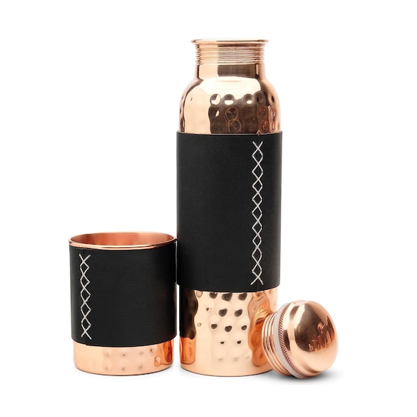 Kitchen Science Copper Water Bottle (34Oz/ 1000ml) and tumbler with leather sleeves