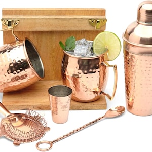 Moscow Mule Mugs (Set of 2 Mugs) with Brass Hooks- Stand,1 8&#39; inches bar Spoon, 1 Jigger, 1 Shaker, 1 Stainer
