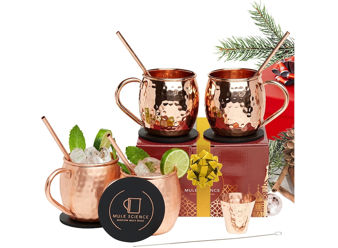 Bestseller Copper Moscow Mule Mugs Set of 4 W/ 4 Straws, 4 Coasters, 1
