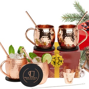 Bestseller Copper Moscow Mule Mugs Set of 4 w/ 4 Straws, 4 Coasters, 1 Shot Glass, 1 Cleaning Brush | Wedding, Anniversary Gift Set