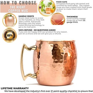 Puede incluir: Un mug de cobre martillado para Moscow Mule con un asa dorada. El mug es de calibre 22 y apto para alimentos. El texto "HOW TO CHOOSE THE RIGHT COPPER MUG" est&aacute; en la parte superior de la imagen. El texto "100% REFUND - NO QUESTIONS ASKED" est&aacute; en el medio de la imagen. El texto "LIFETIME WARRANTY" est&aacute; en la parte inferior de la imagen.